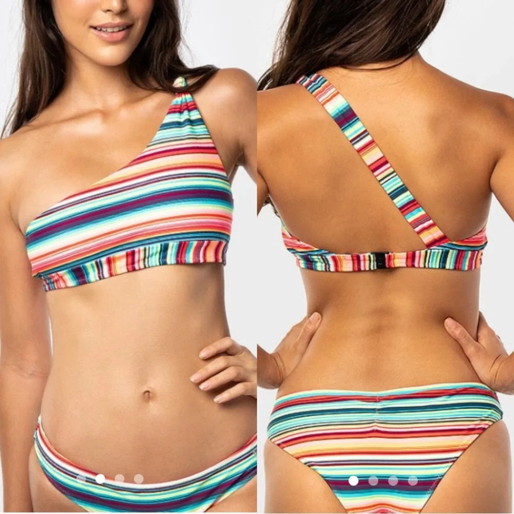 NWT Blackbough Multicolor Stripes Bikini One Shoulder Top & Bottom Size S